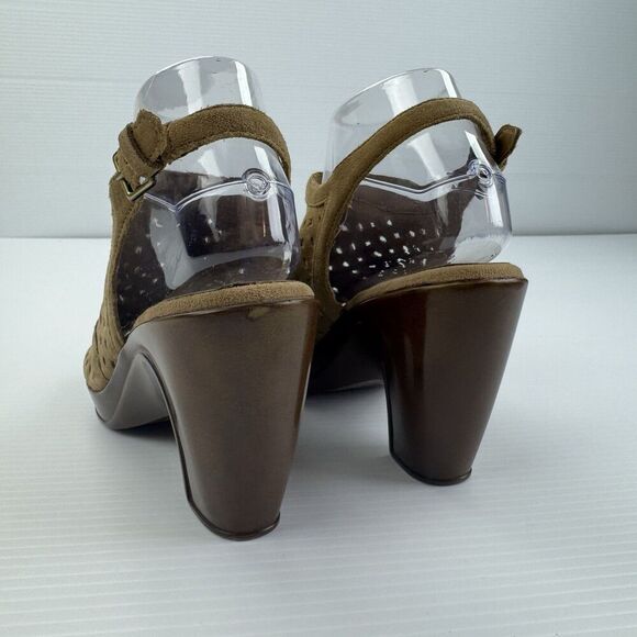 Aerosoles Women’s 8.5 Brown Suede Peep Toe Slingback Heels Cutout Sandals - Picture 2 of 12